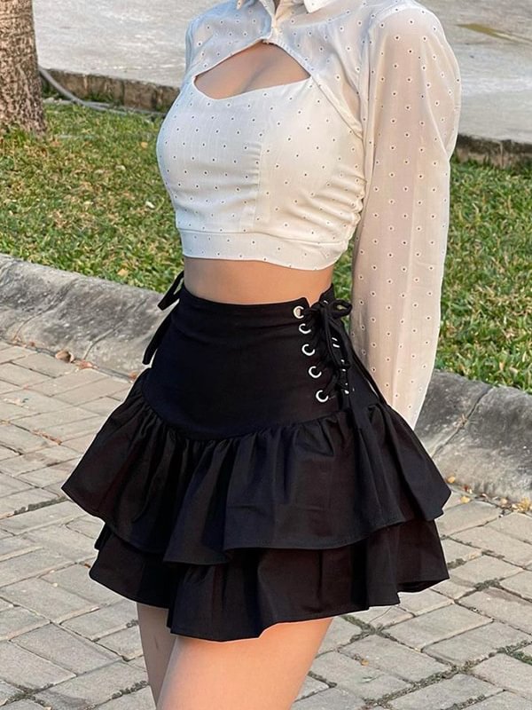 College Style Solid Color Lace Up Layered Skater Skirt