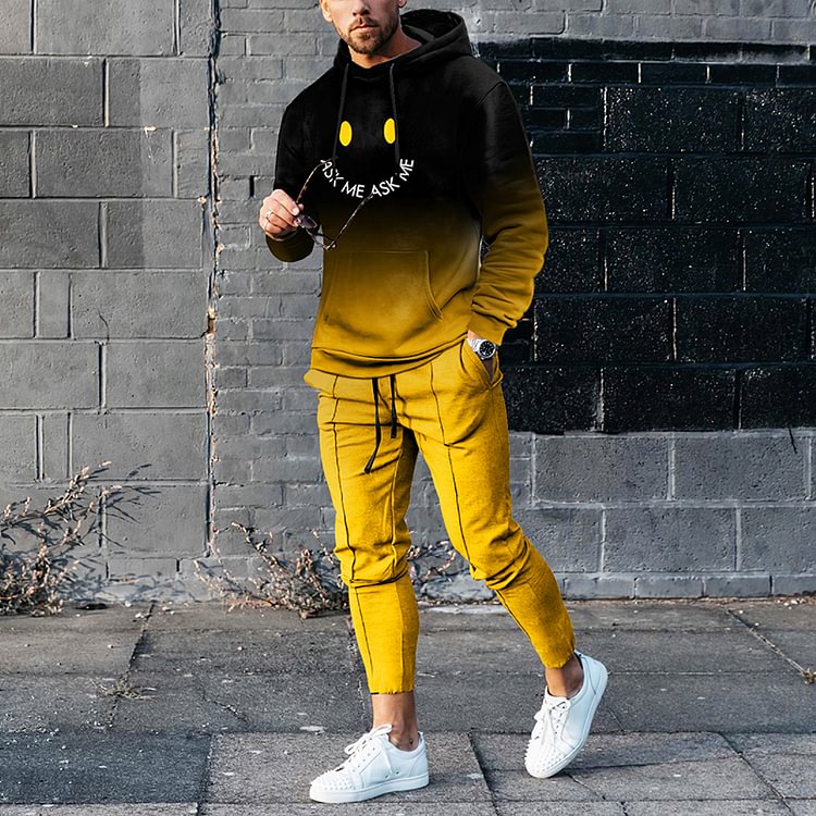 BrosWear Yellow And Black Smiley Tracksuit Two Piece Set