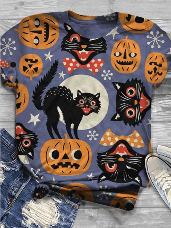 Women's Animal Cat Halloween Print T-shirt
