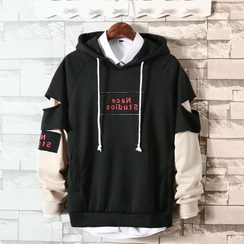 Ripped Style Long Drawstring Fake Two Piece Long-sleeved Sweaters Hoodie