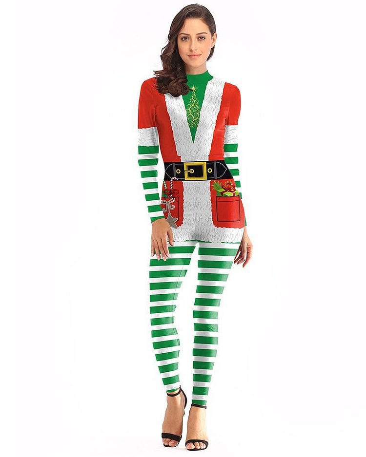 Mayoulove Christmas Elf Catsuit Womens Classic Tight Jumpsuit Cosplay Costume-Mayoulove