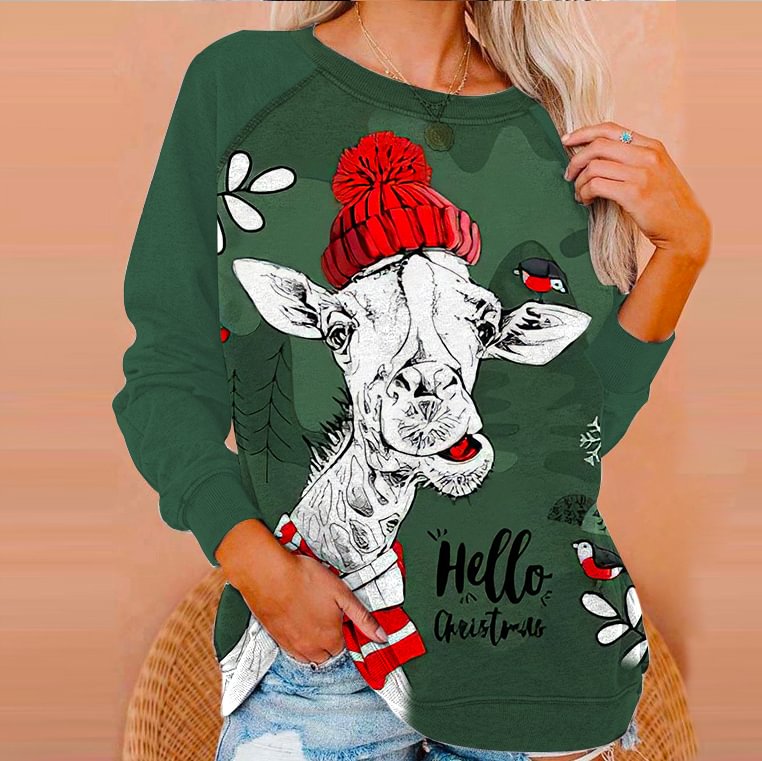 Hello Christmas Heifer Print Green Sweatshirt