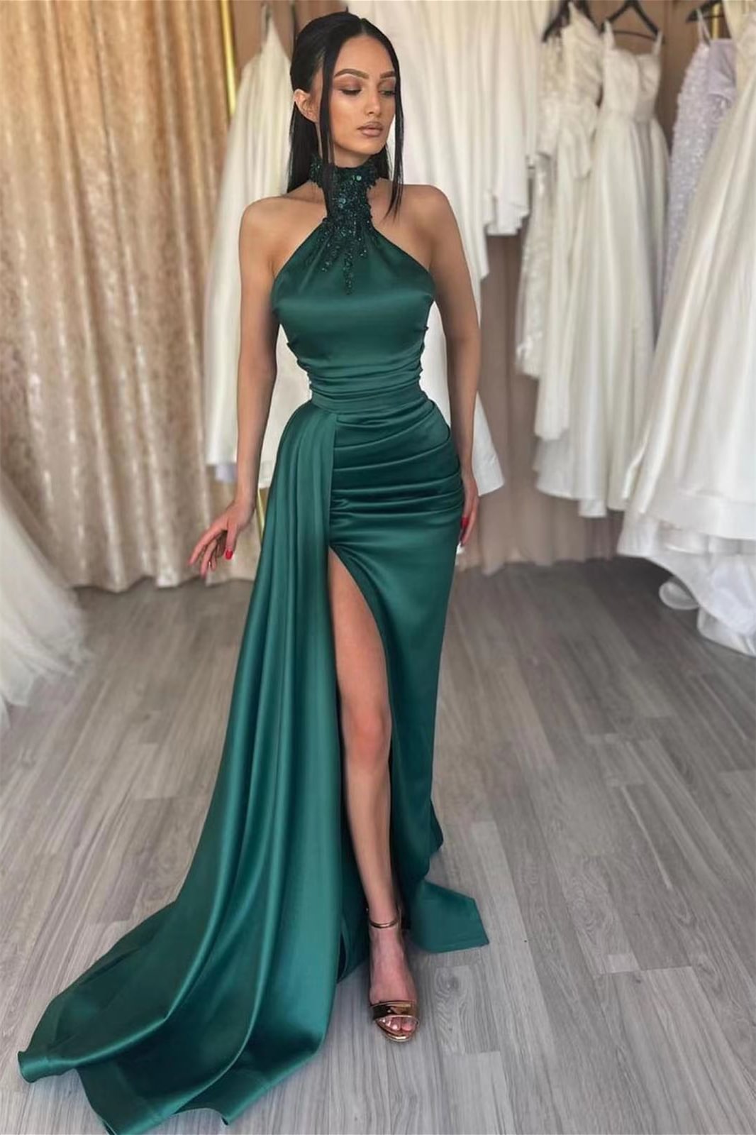 Luluslly High Neck Dark Green Prom Dress Mermaid Sleeveless With Split