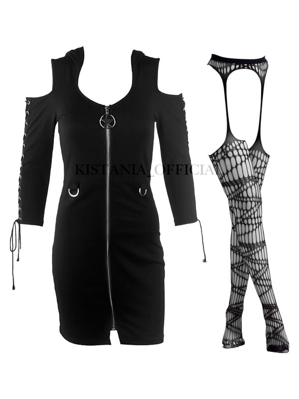 Zipped Cold Shoulder Hip Dress + Sexy Irregular Grid Tights 2 Pieces Sets