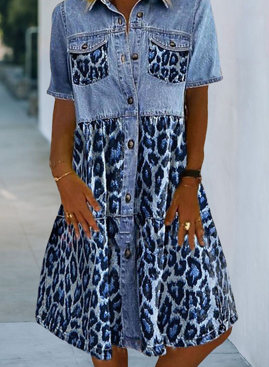 Blue Women's Dresses Leopard Pocket Button-up Denim Mini Dress LC225709-5