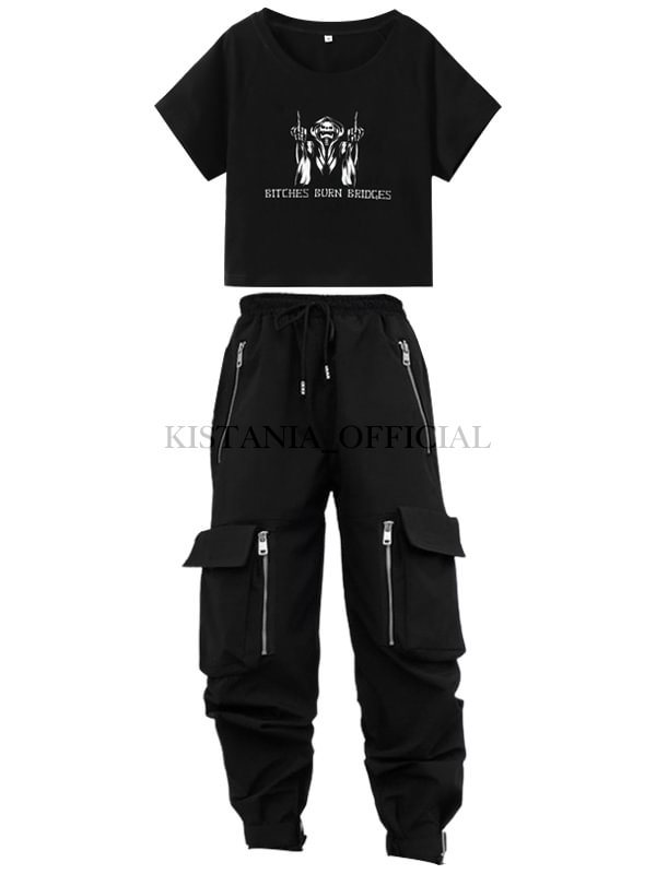 Goth Skull Printing Crop Top + Pockets Decorated Zipper Belt Drawstring High Rise Industrial Pants 2 Pieces Sets