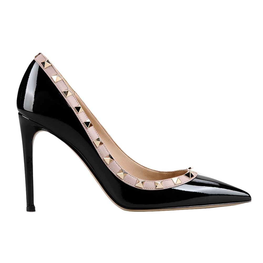 100mm Women's Sexy Pointy Toe Studs Stilettos High Heels Rivets Shoes Black Patent-vocosishoes