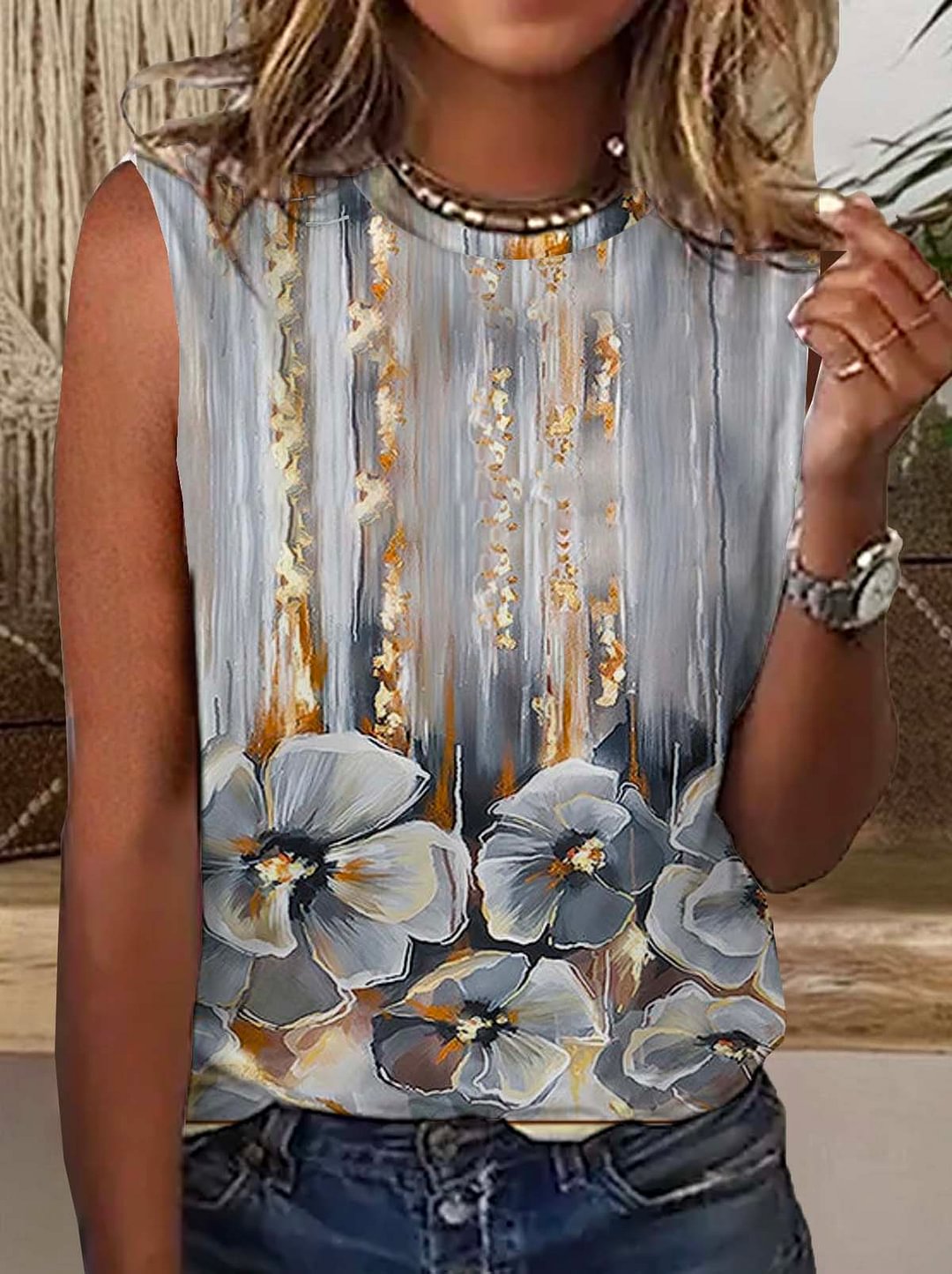 Watercolor Flower Print Women Vest Top