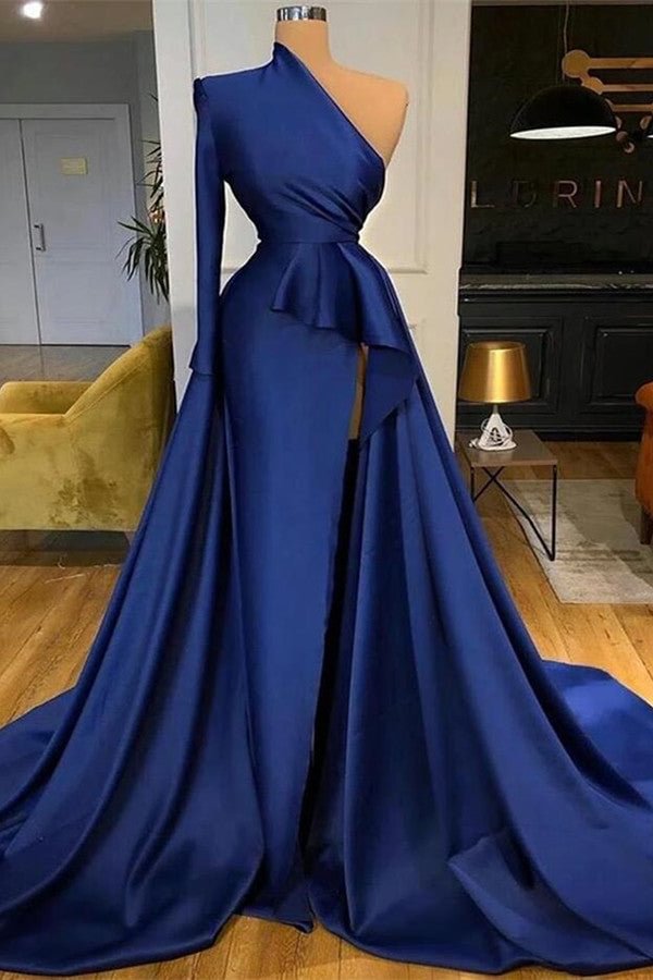 Luluslly Royal Blue Long Sleeves Prom Dress Mermaid Slit With Ruffles