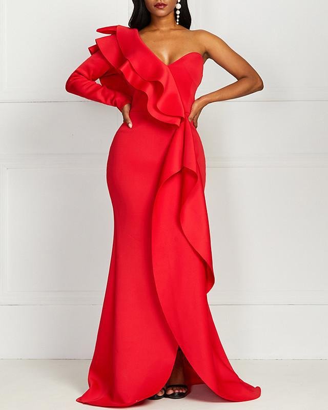 Women's Sheath Dress Maxi long Dress Red Long Sleeve Solid Color Ruched Ruffle Zipper Winter Elegant M L XL XXL 3XL-Corachic