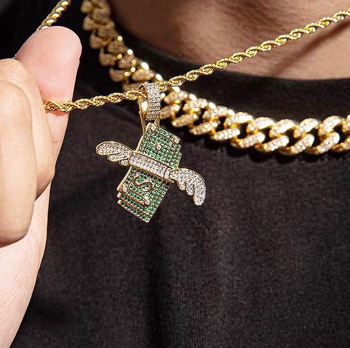 Iced Out Two Tone Dollar Money Flying Cash Pendant Necklace-VESSFUL