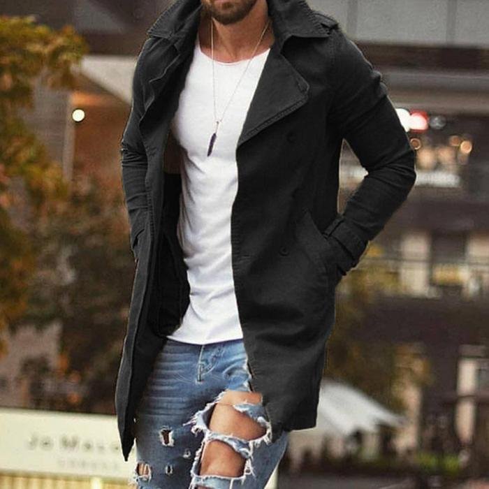 BrosWear Men's Simple Style Slim Mid length Lapel Trench Coat black
