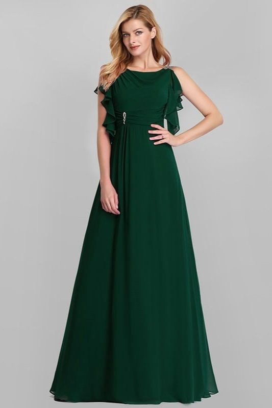 Emerald Green Ruffles Chiffon Long Evening Gowns Online