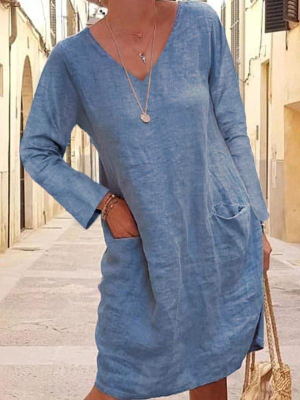 Loose solid color pocket long sleeve V-neck cotton and linen dress-Mayoulove