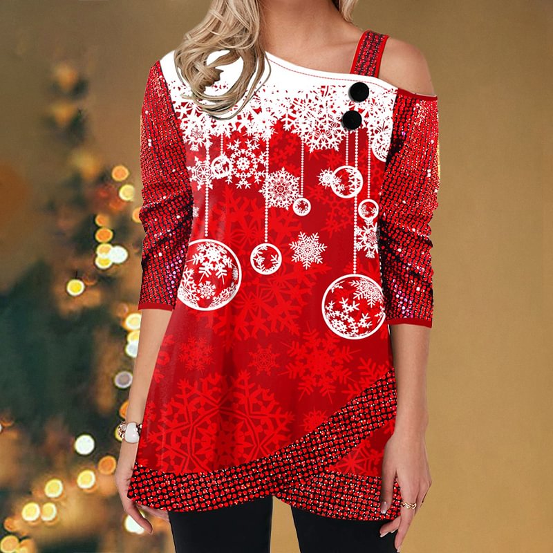 Christmas Snowflakes Printed Gorgeous Sequins One Shoulder Off Tunic Tops