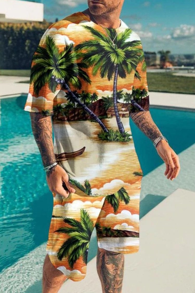 Tiboyz Outfits Coconut Landscape Print T-Shirt And Shorts Two Piece Set