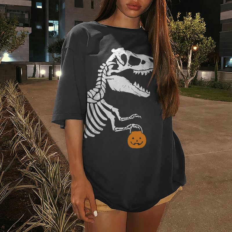 Dinosaur Skeleton Printed Halloween Loose T-shirt - Neojana