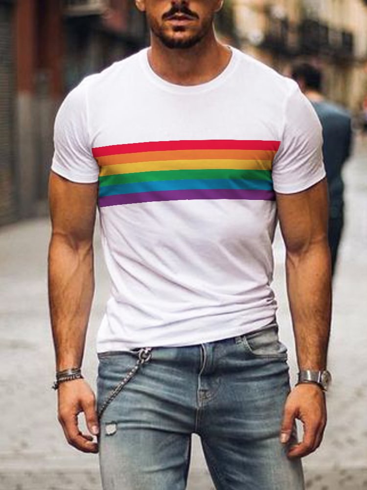 BrosWear Rainbow Stripe Graphic Comfy Short Sleeve T-shirt
