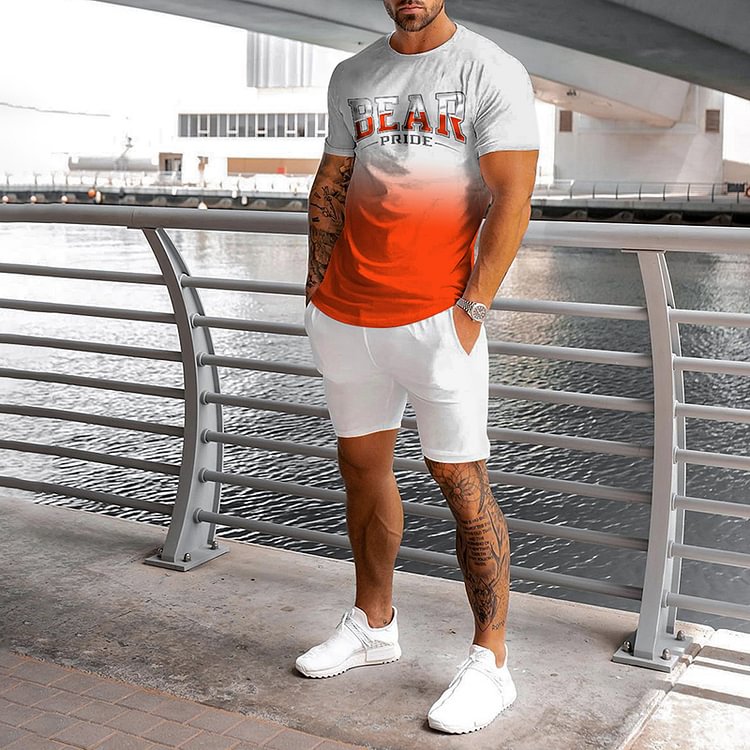 BrosWear Orange White Printing Sports T-Shirt And Shorts Two Piece Set