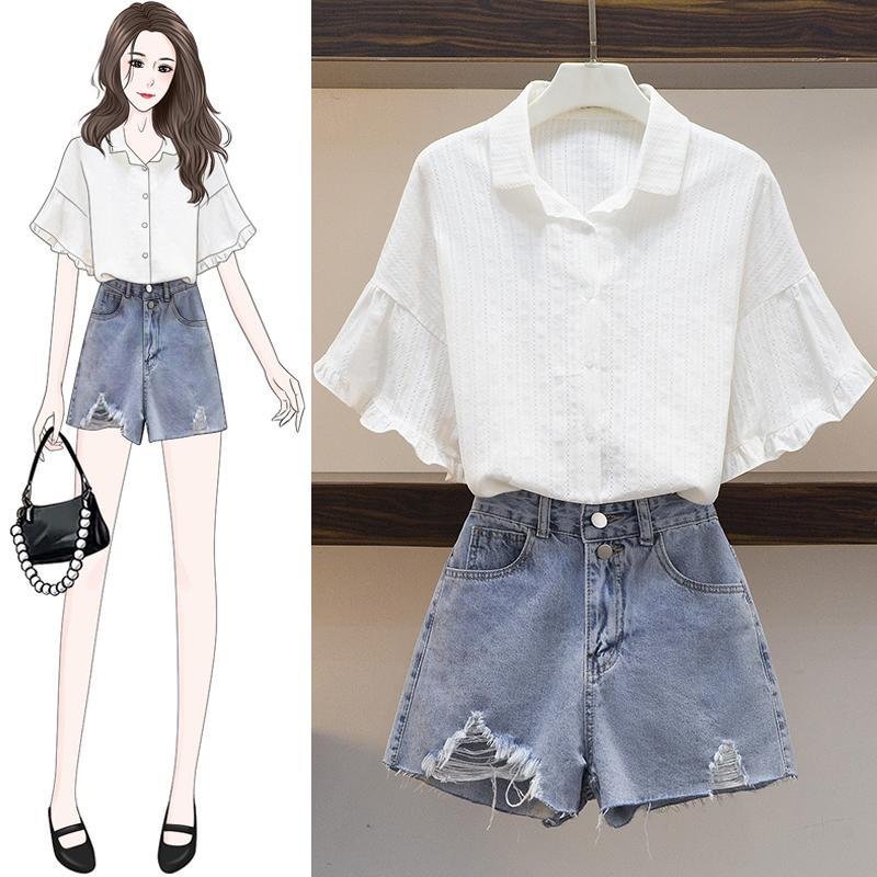 Solid Color Tee+Denim Shorts P15085