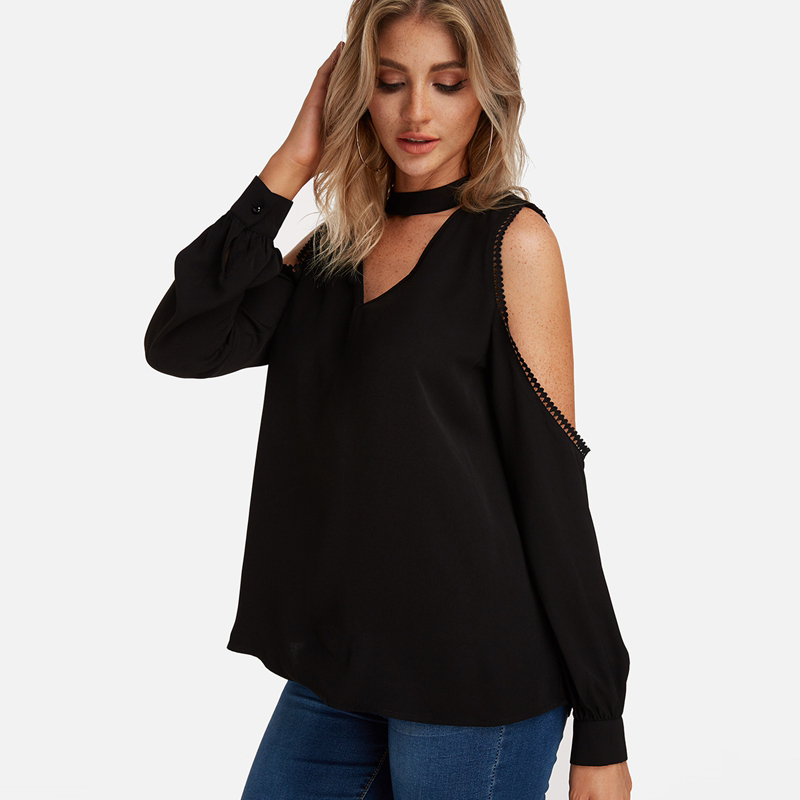 Casual Loose Sexy V-Neck Off Shoulder Long Sleeves Cut Out Blouse Shirts with Chock-Corachic