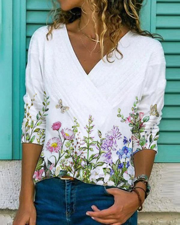 Casual Cotton-Blend Floral-Print Long Sleeve Shirts & Tops