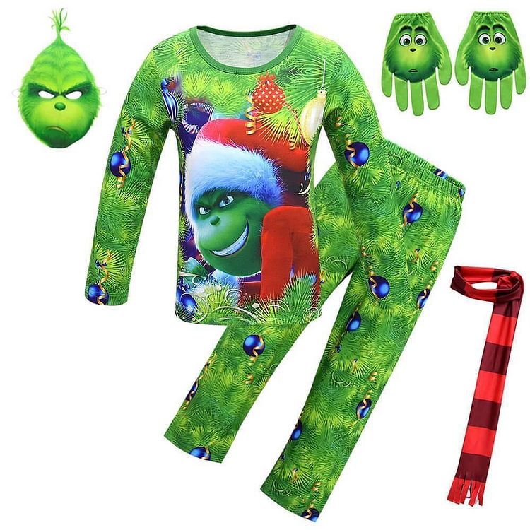 Girls Boys The Grinch In Christmas Hat Kids Pajama Sleepwear Costume-Mayoulove
