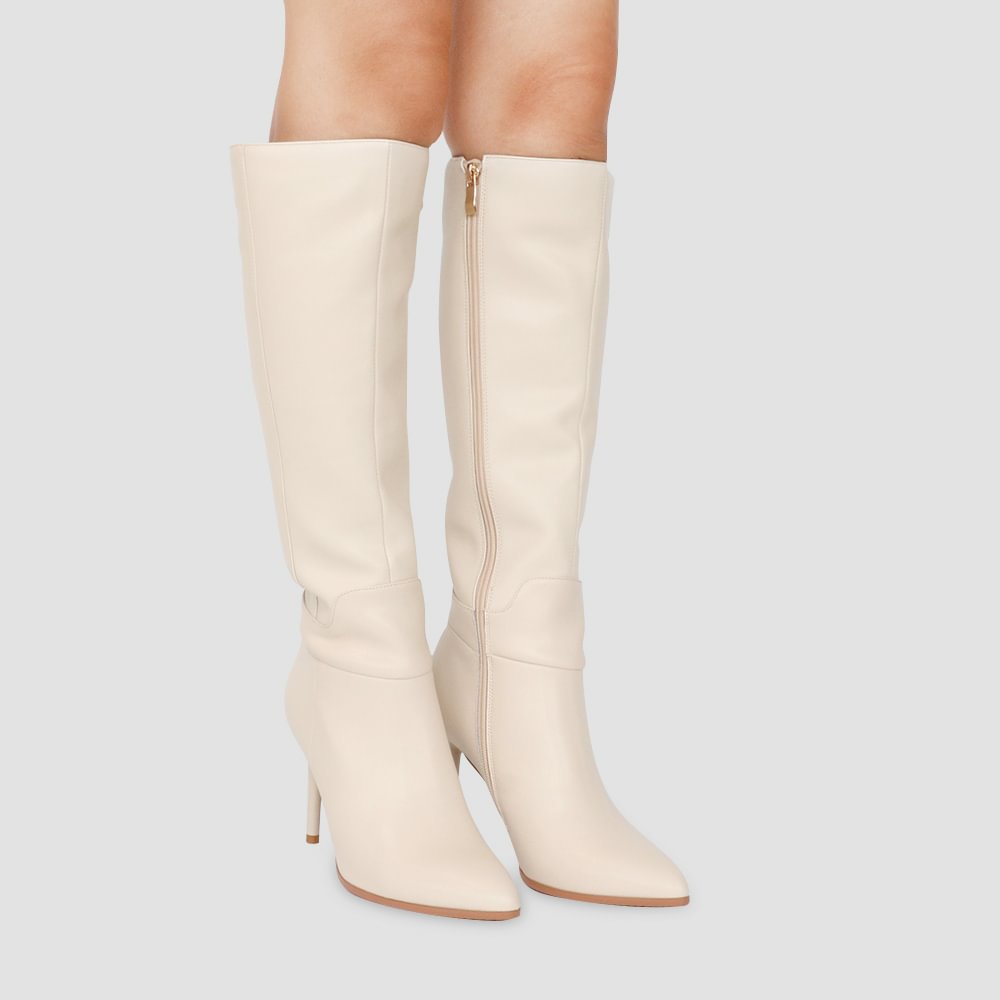 9.5cm Zipper Leather Mid Heels Knee Boots White-vocosishoes