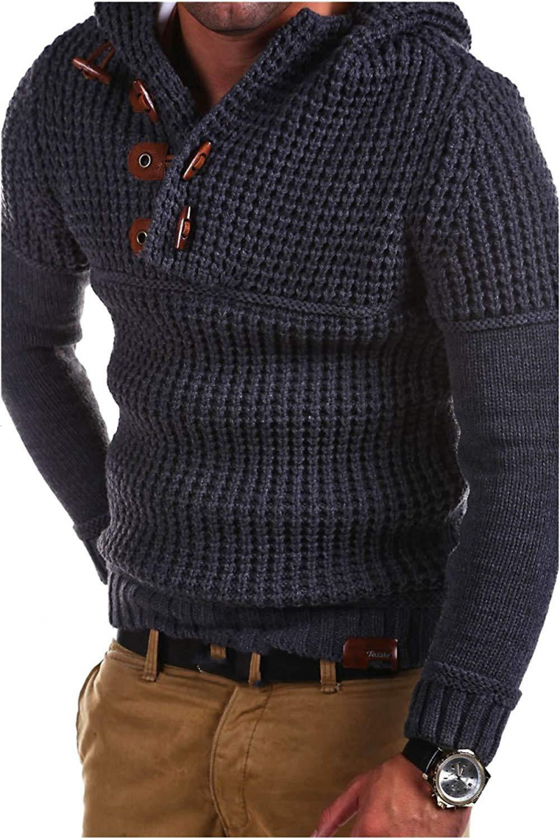 Men's Autumn Solid Knitted Cowl Button Pullover Hooded Sweater-VESSFUL