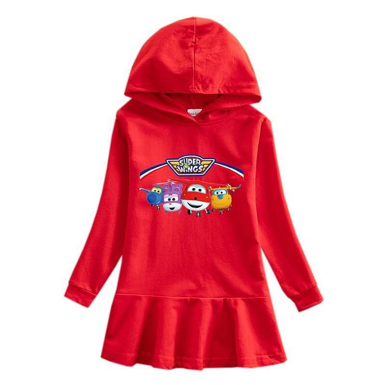 Super Wings Family Print Toddle Girls Hooded Long Sleeve Frill Dress-Mayoulove