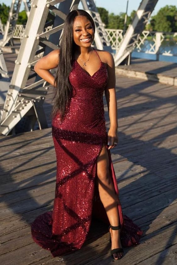Luluslly Spaghetti-Straps Sequins Prom Dress Mermaid Burgundy Party Gowns WIth Slit