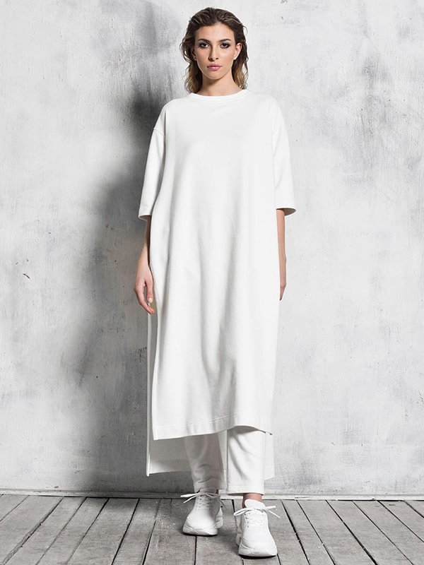 Simple White High-Low Split-Side Long T-Shirt Dress