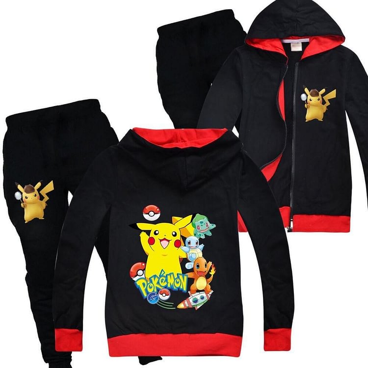 Pokemon Go Pikachu Print Boys Girls Zip Up Cotton Hoodie N Sweatpants-Mayoulove