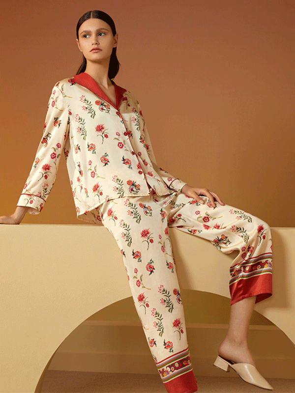 25 Momme High Quality Vintage Collection Flower Printed Silk Pajamas Set-Real Silk Life