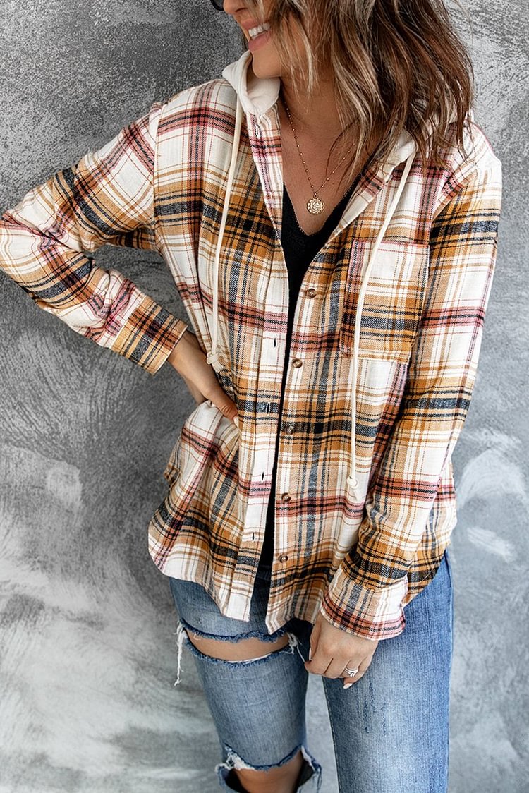 Women's Plaid Button Hooded Coat-Mayoulove