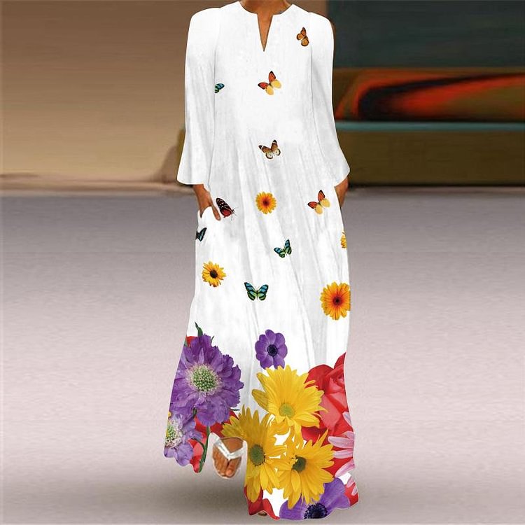 Printed Long-sleeved Small V-neck Dress-Mayoulove