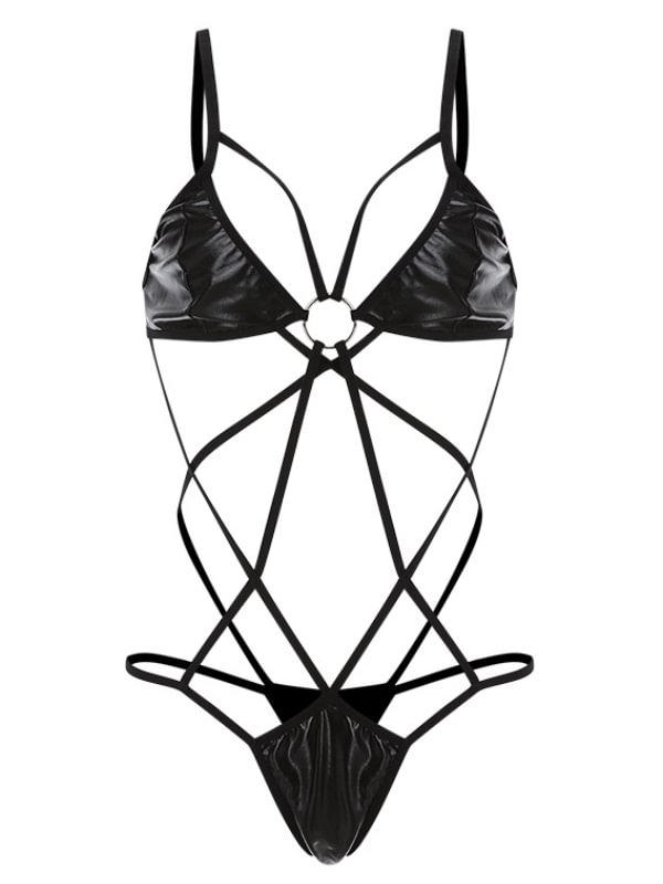 Deep V Patent Leather One-piece Lingerie-Icossi