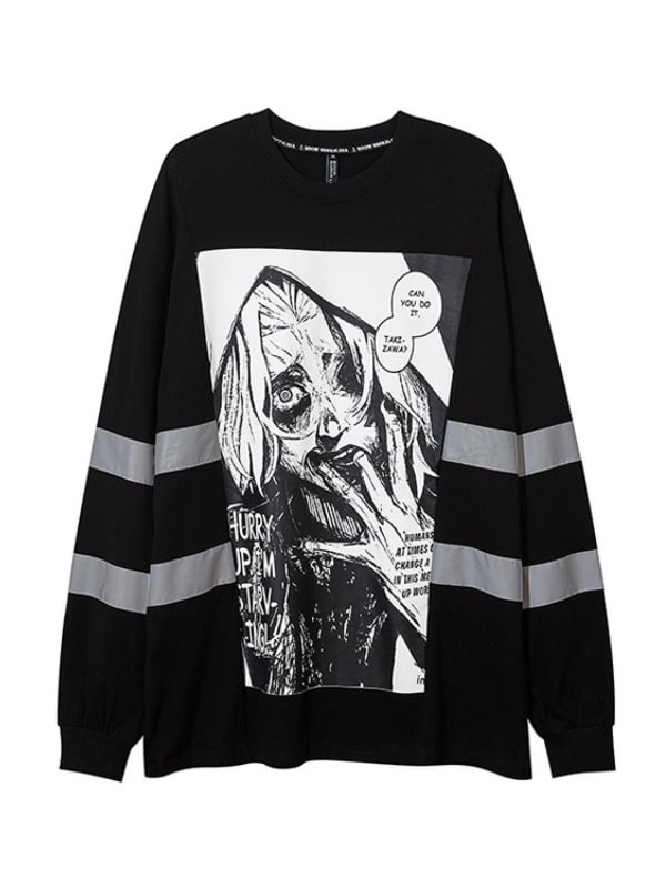 Gothic Dark Hip-pop Style Skull Printed Reflective Strap Decorated Long Sleeve Oversize Sweatshirt