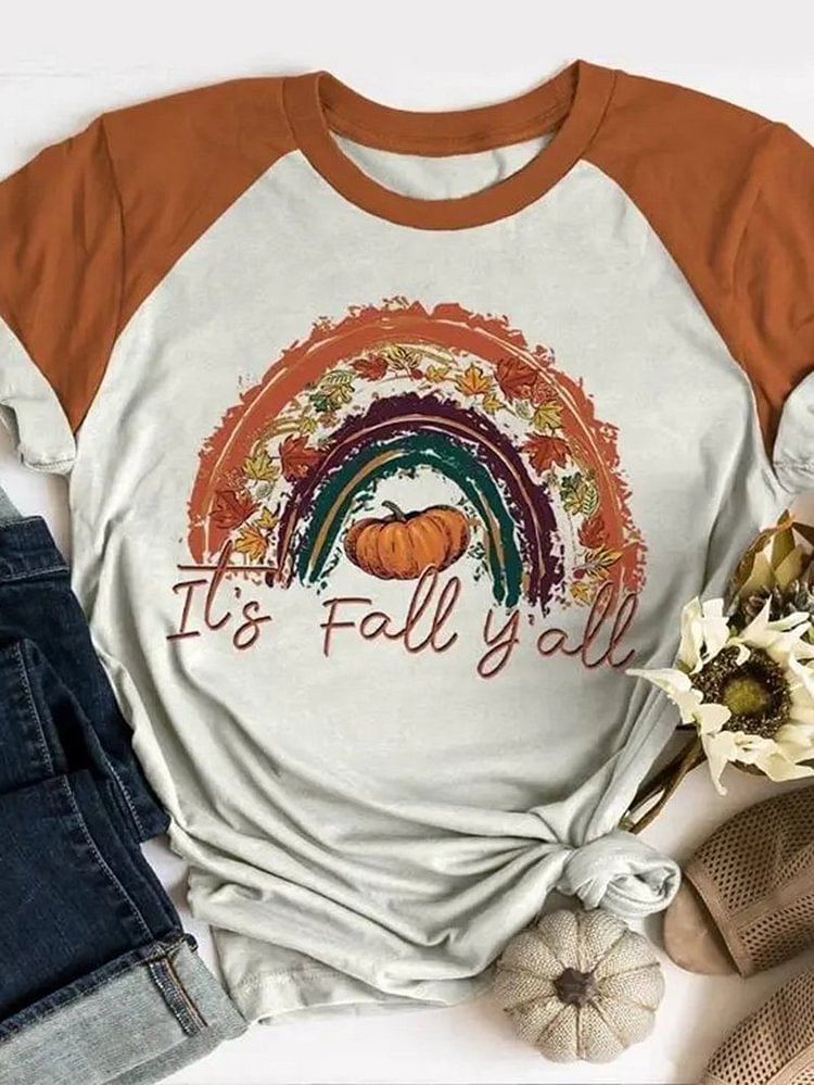 Round Neck Short Sleeve Color Matching Rainbow Pumpkin Print Plus Size Women's T-shirt-Mayoulove