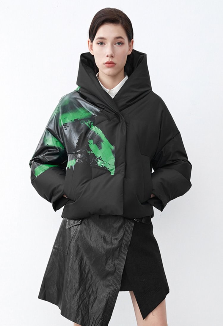 SDEER Hooded Short Black Down Jacket With Hit Color Offset Printing
