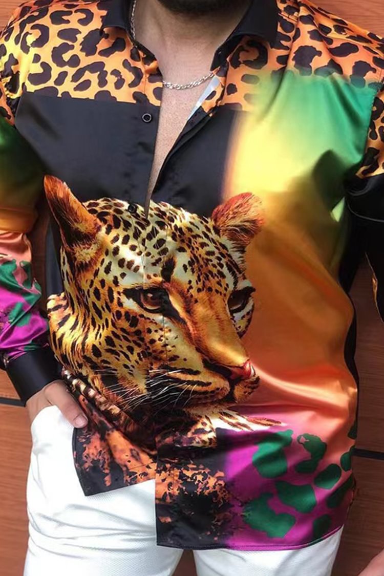 Tiboyz Men's Casual Satin Leopard Print Long Sleeve Shirt