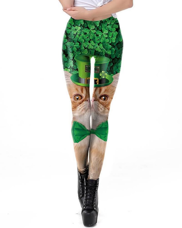 Mayoulove Green Clover With Kitty In The Green Hat Printed St. Patrick Leggings-Mayoulove
