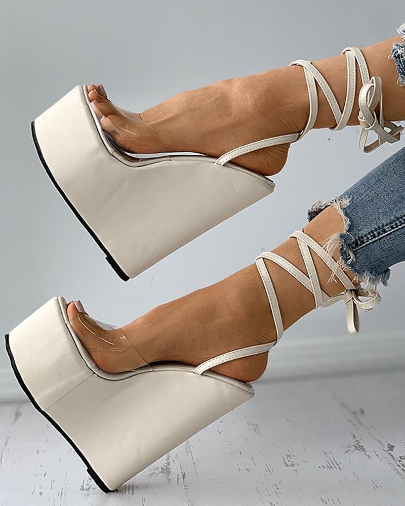 Clear Perspex Lace-up Wedges Sandals