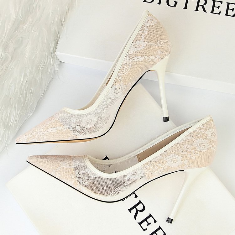Women's High Heels Thin High Heels Shallow Mouth Pointed Mesh Hollow Lace Single Shoes