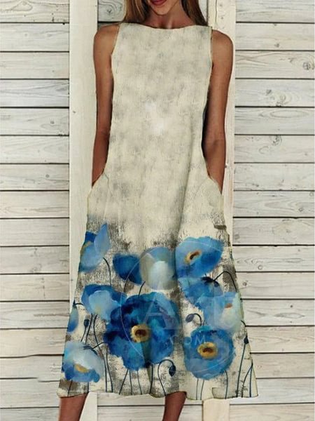 Distressed Flower Print Pocket Sleeveless Dress