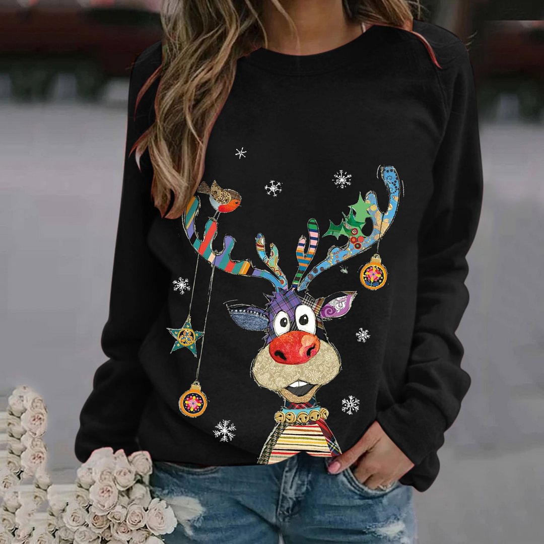 Christmas Reindeer Pattern Printed Long-sleeved Round Neck Women Sweatshirt