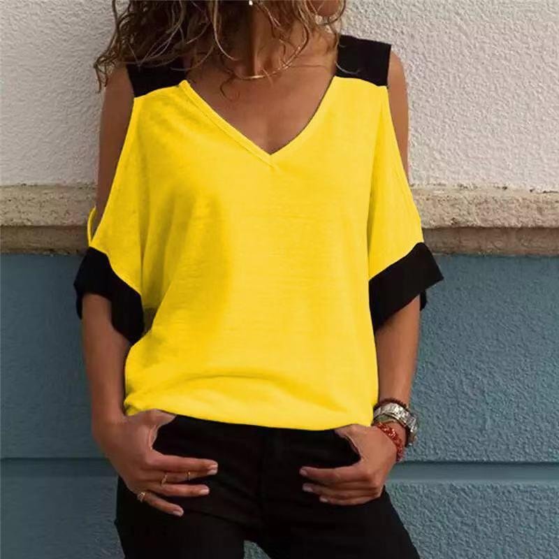 Women Plus Size V-Neck Blouse Patchwork Cold Shoulder T-Shirt Tops-Corachic