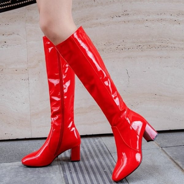 Women Sexy Shoes Patent Leather Knee High Boots Square Toe Black White Red Fashion Shoe