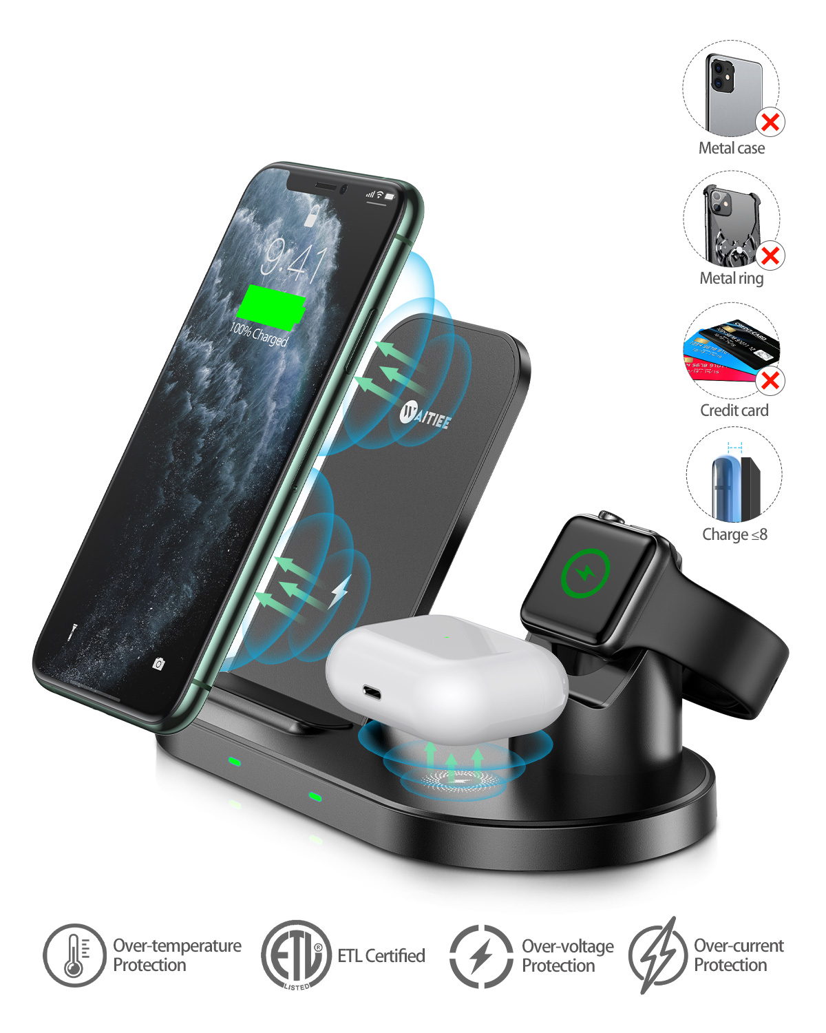 WAITIEE Wireless Charger 3 in 1 Stand for iPhone Apple iWatch Series 6/5/4/3 /2/1 AirPods pro, QI Phone Charger 15W Fast Charging Dock iPhone  12/11/11Pro/ 11 Pro Max/XS/XR/X/8/8 Plus/Samsung/Google