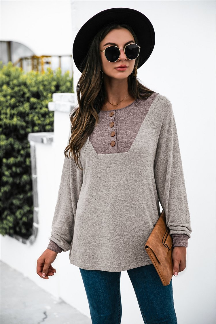 Women's casual knit sweater top sexy fashion loose knit long-sleeved button stitching knit sweater
